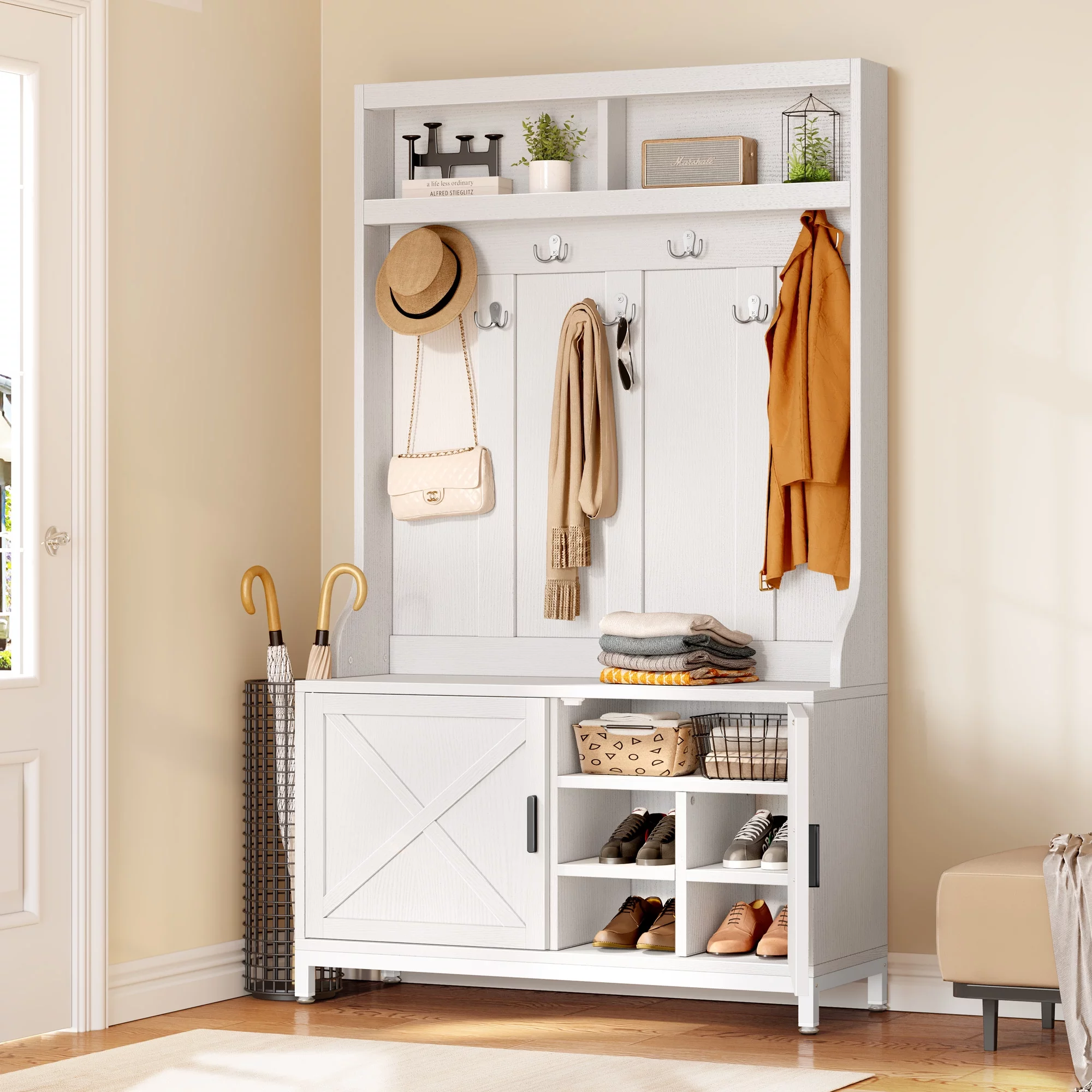Dextrus Farmhouse Coat Rack with 14 Hooks, 4-in-1 Hall Tree with Storage Bench, Coat Hanger, Shoe Cabinet for Hallway, Living Room, White