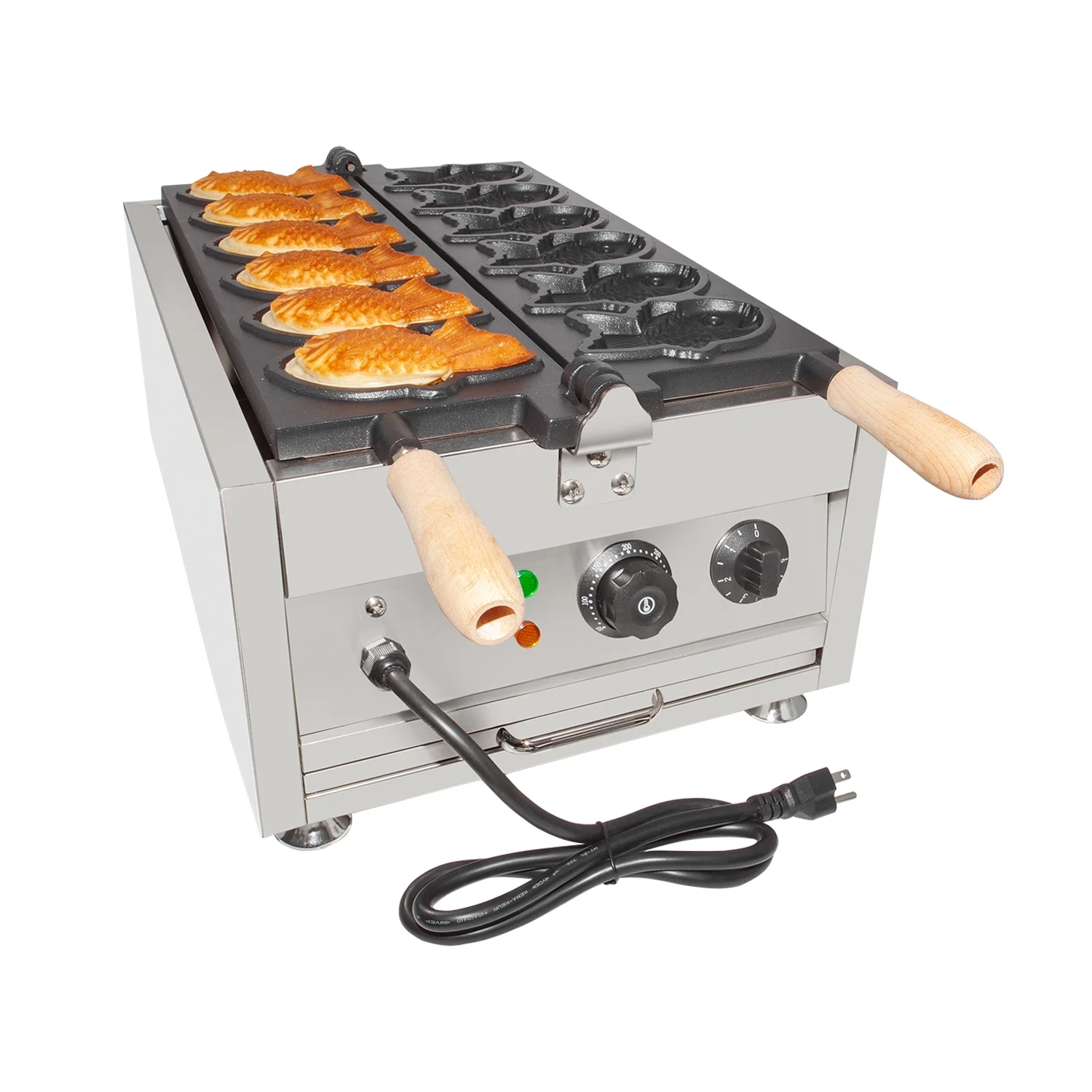 GorillaRock Taiyaki Iron | Electric Taiyaki Machine | 6 Close-Mouth Fish Shaped Waffles | Nonstick Coating | Wooden Handles
