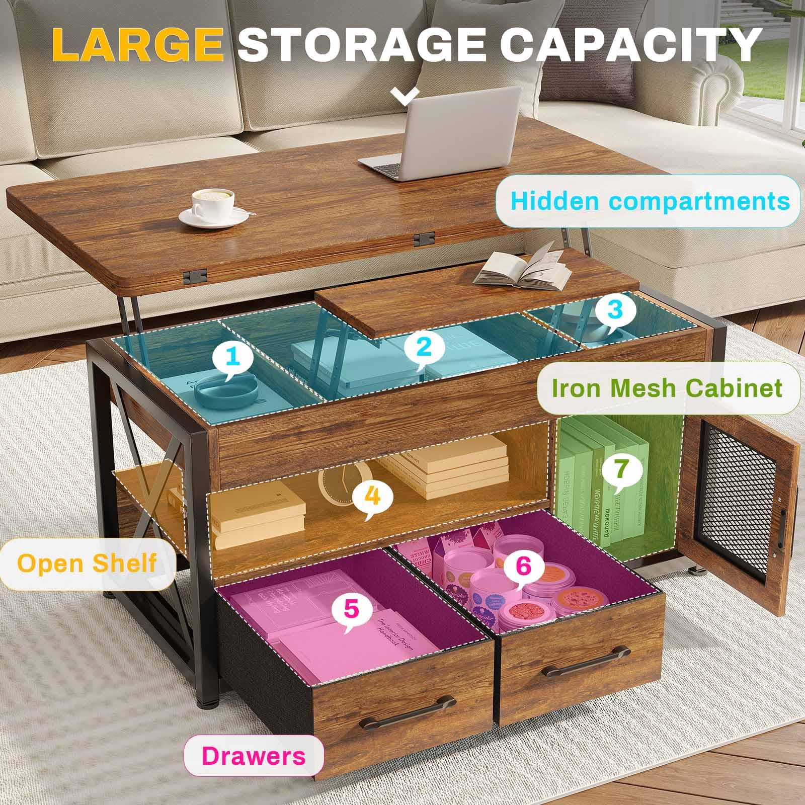 Afuhokles 40" Lift Top Coffee Table, 4 in 1 Coffee Tables with Storage Cabinet for Living Room, 2 Fabric Drawers and LED Light, Rustic Brown