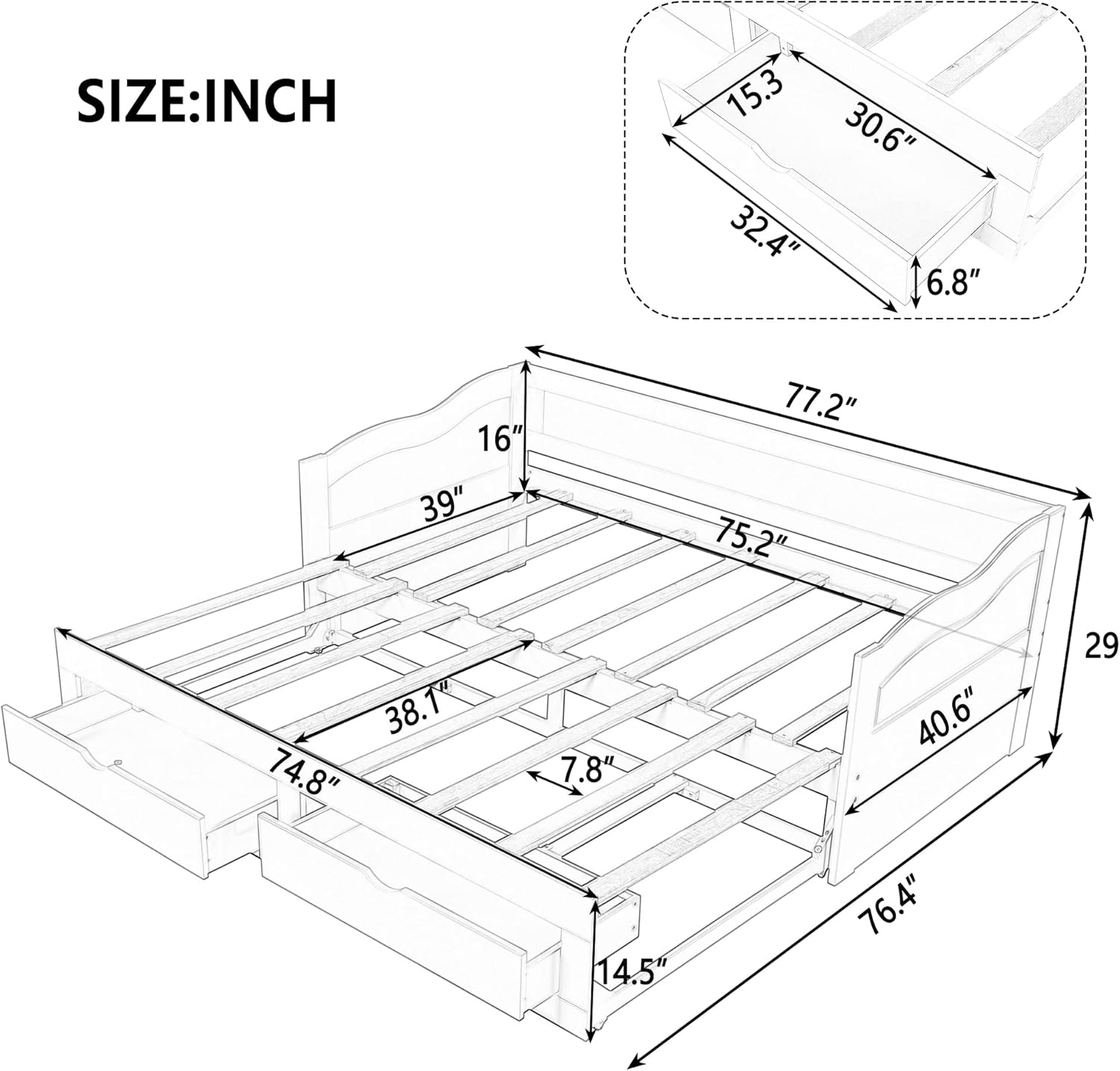 Wood Trundle, Extendable Daybed Twin to King with 2 Storage Drawers, Sofa Bed Frame for Small Space, Bedroom, Living, Guest Room, Espresso