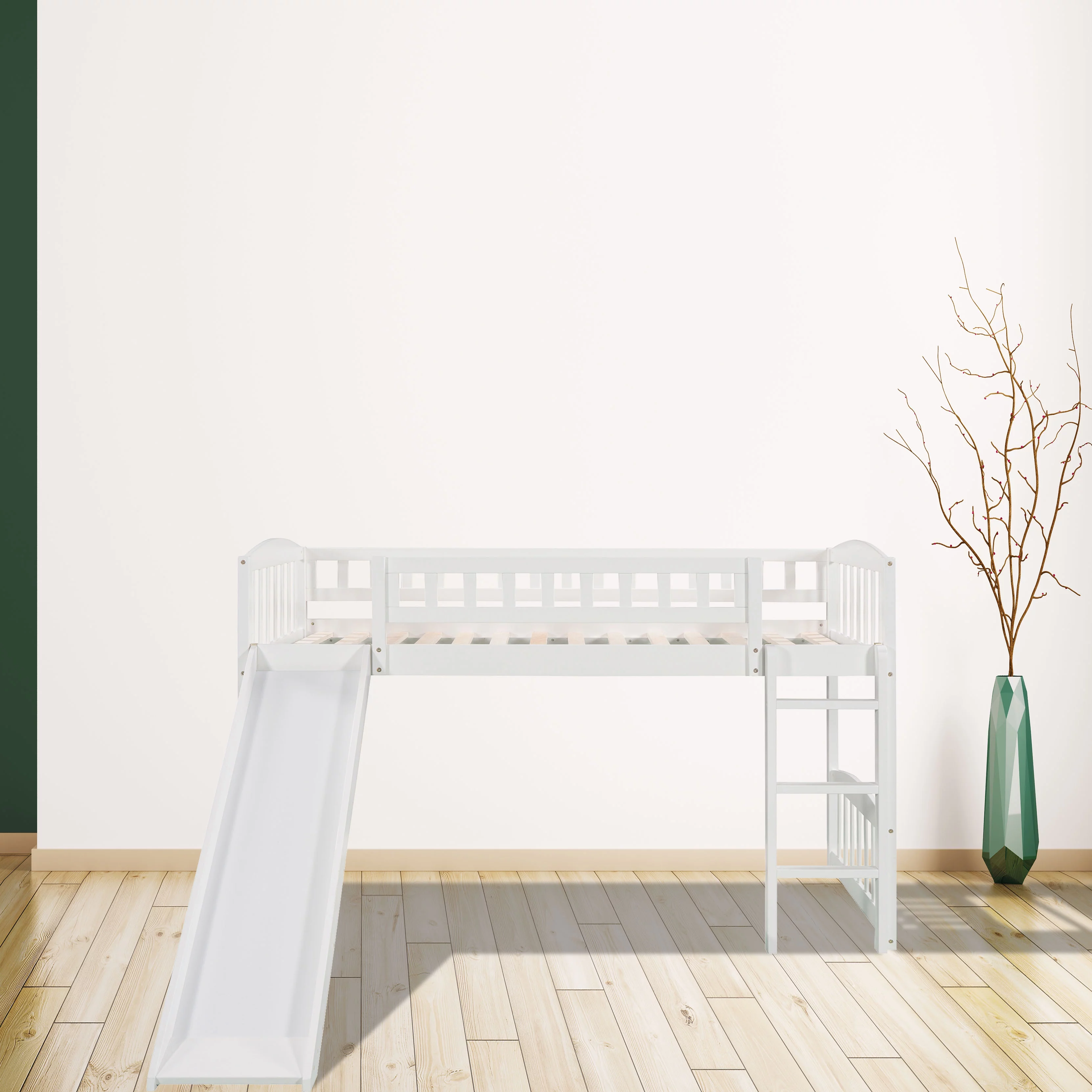 Double loft bed with slide and ladder, white works well with a variety of decor styles, allowing you to easily elevate and enhance your space
