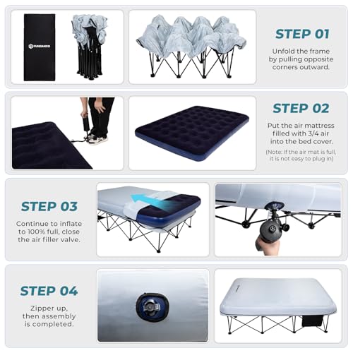 FUNDANGO Queen Camping Cot, 2 Person Folding Airbed Mattress, Double Camp Bed with 2 Cup Holders, Removeable Cover for Adults Outdoor Travel