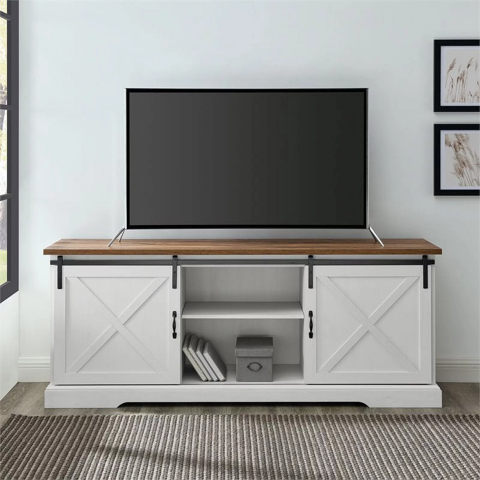 Walker Edison Sliding Barn Door 70" Farmhouse Wood TV Stand in White/Black