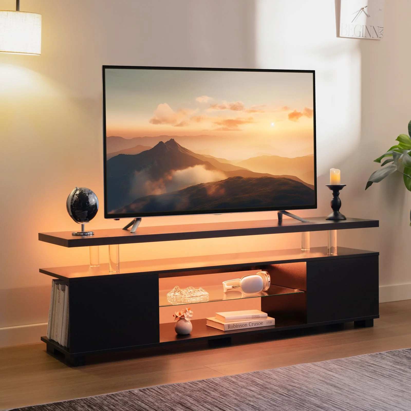LED Entertainment Center with Glass Shelf，TV Stand for 60 Inch TV, Media TV Console with Over-sized Storage Space