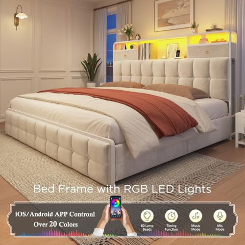 EnHomee King Size Bed Frame with 4 Storage Drawers King Bed Frame with Headboard Built in Charging Station and LED Lights, No Noise