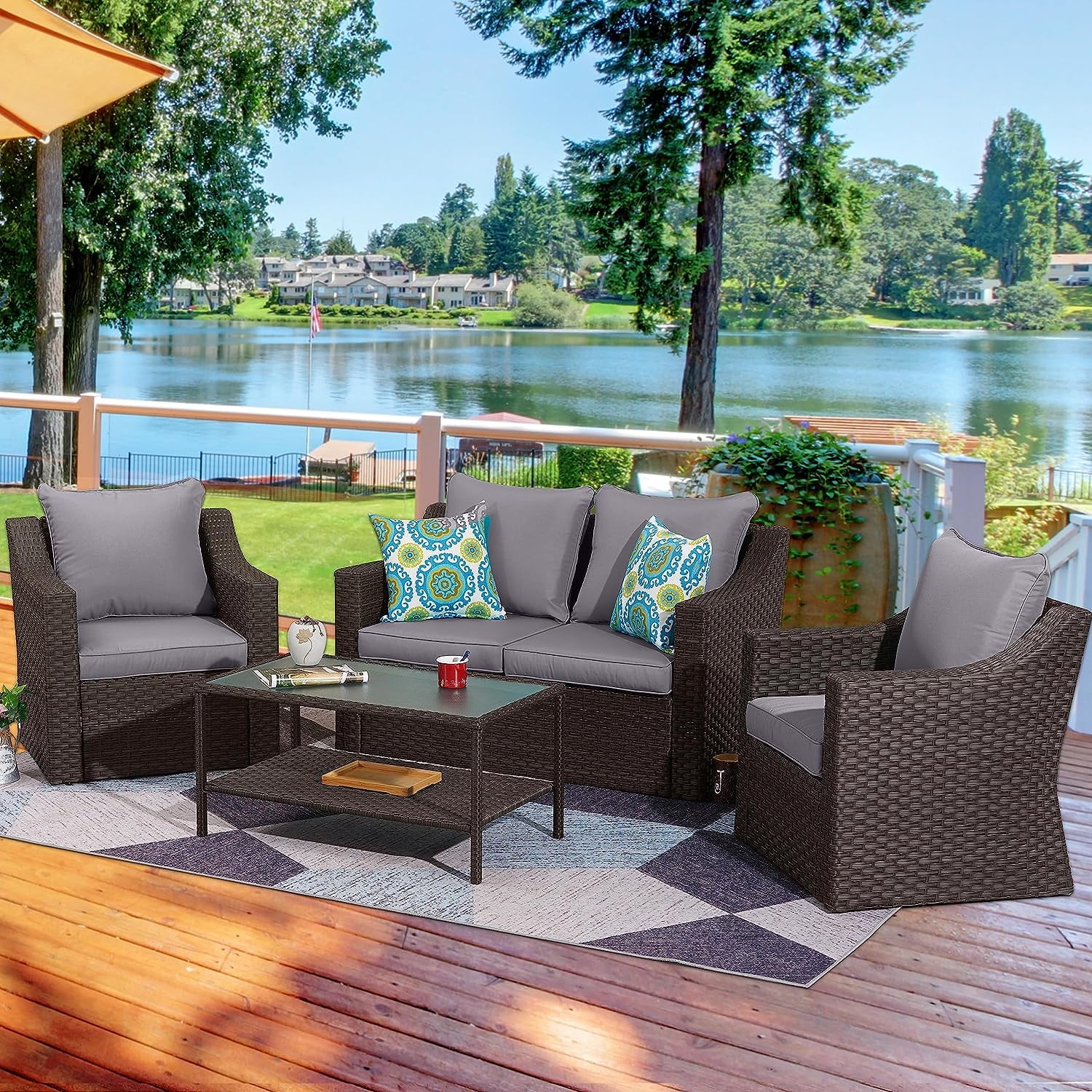CozyHom 5 Pcs Outdoor Patio Wicker Furniture Sofa Set Clearance Rattan Sectional Conversation Couch Set With Table and Cushions, Grey