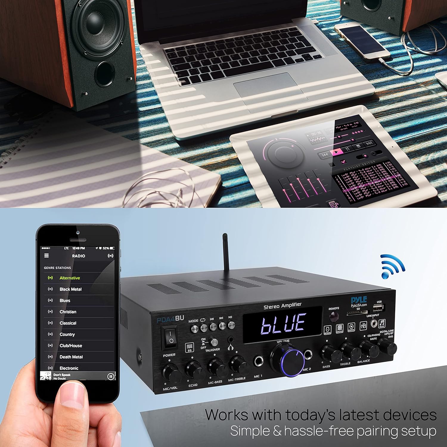 Wireless Bluetooth Home Stereo Amplifier-Multi-Channel 200 Watt Power Amplifier Home Audio Receiver System W/Optical/Phono/Coaxial, FM Radio, USB/SD