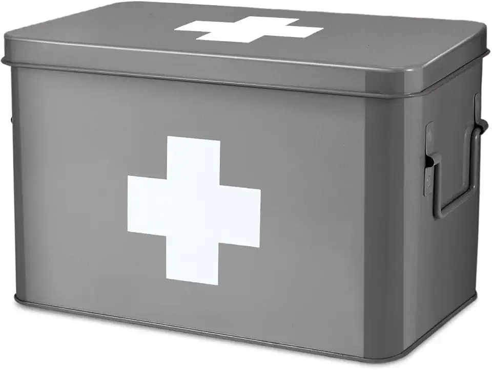 Sponsored Ad - Flexzion First Aid Box Organizer Empty 13" Gray Vintage First Aid Kit Tin Metal Medical Box