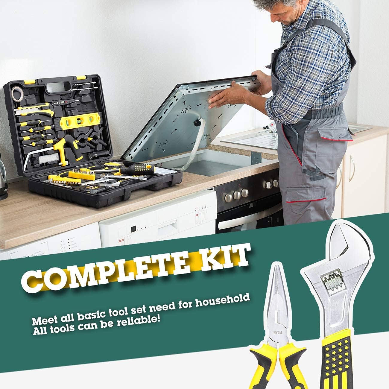 ENTAI 218-Piece Tool Kit for Home, General Household Hand Tool Set with Solid Carrying Tool Box