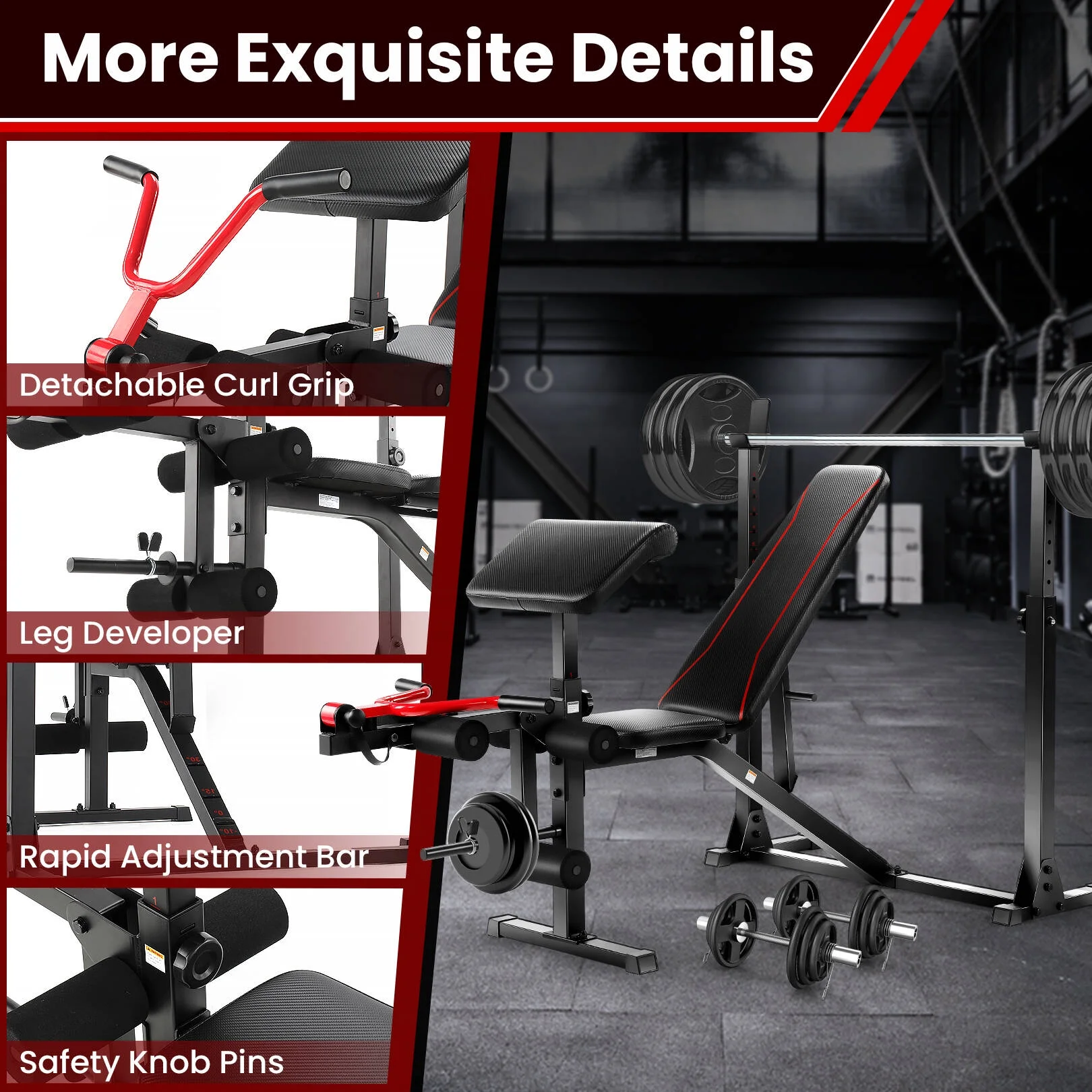 VIBESPARK Adjustable Weight Bench 900LBS Olympic Weight Bench Set with Barbell Rack, Preacher Curl