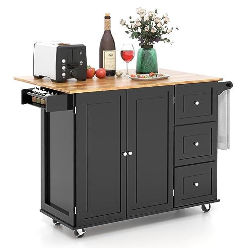 GOFLAME Kitchen Island Cart with Drop Leaf, Rolling Kitchen Cart on Wheels with Rubber Wood Top, 3 Drawers, Towel & Spice Rack, 2-Door Cabinet