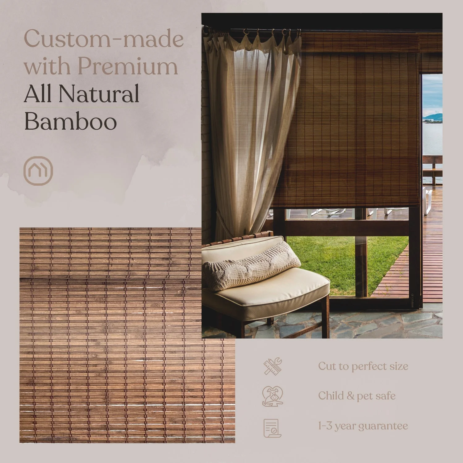 MOOD Custom Bamboo Shades | RUSTIC | Cordless Designer Natural Woven Wood Roman Shades for Windows | Rustic Walnut (Great Privacy) | 37"W X 60"H