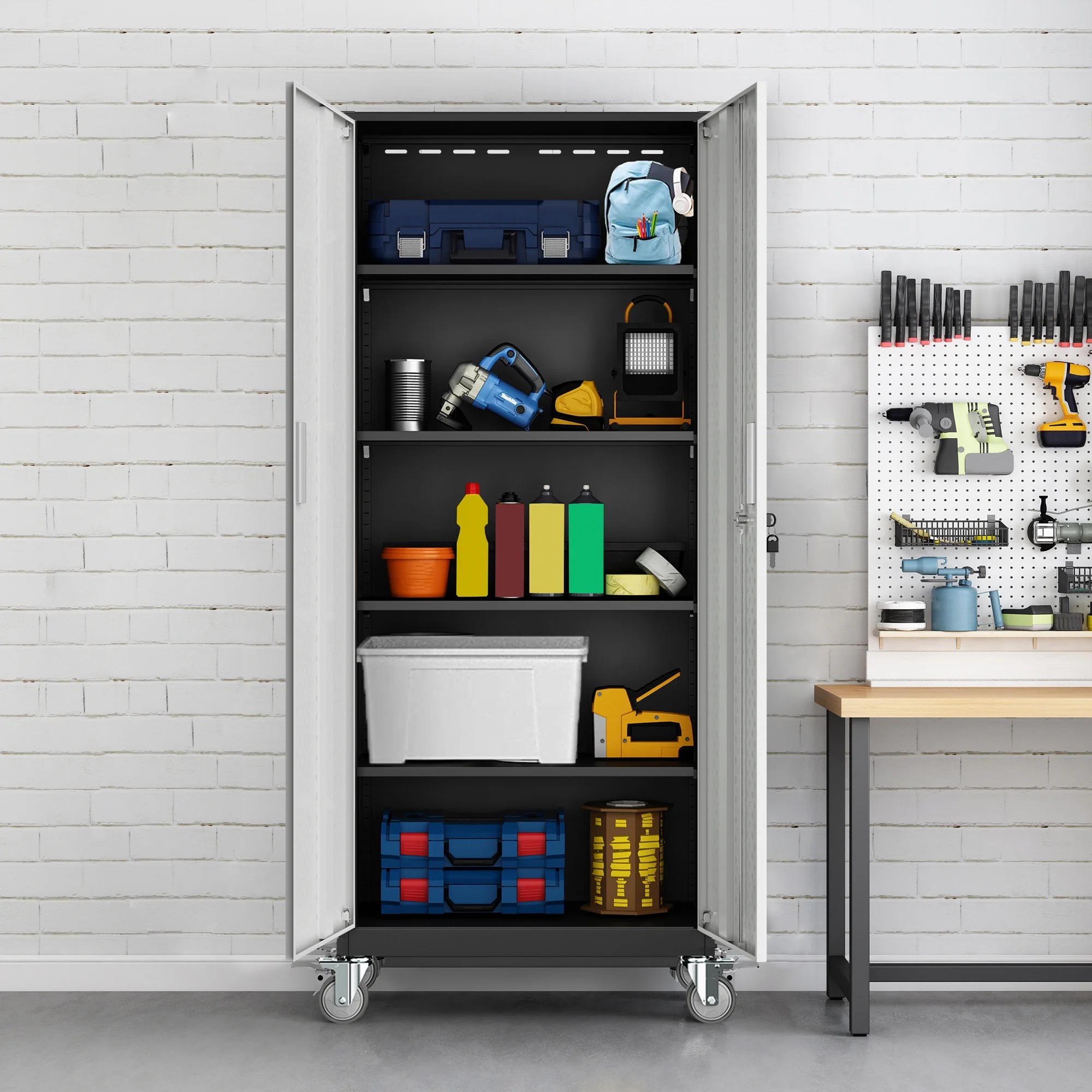 Tall Metal Storage Garage Cabinets with Wheels Locking Doors and 4 Adjustable Shelves, Double Handles, Steel Storage Cabinet for Garage, Office