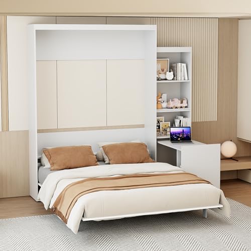 Full Size Murphy Bed Cabinet with Shelf and Drawers, Plywood Hidden Beds,Wall Bedframe for Bedroom,Space-Saving, Noise Free, White