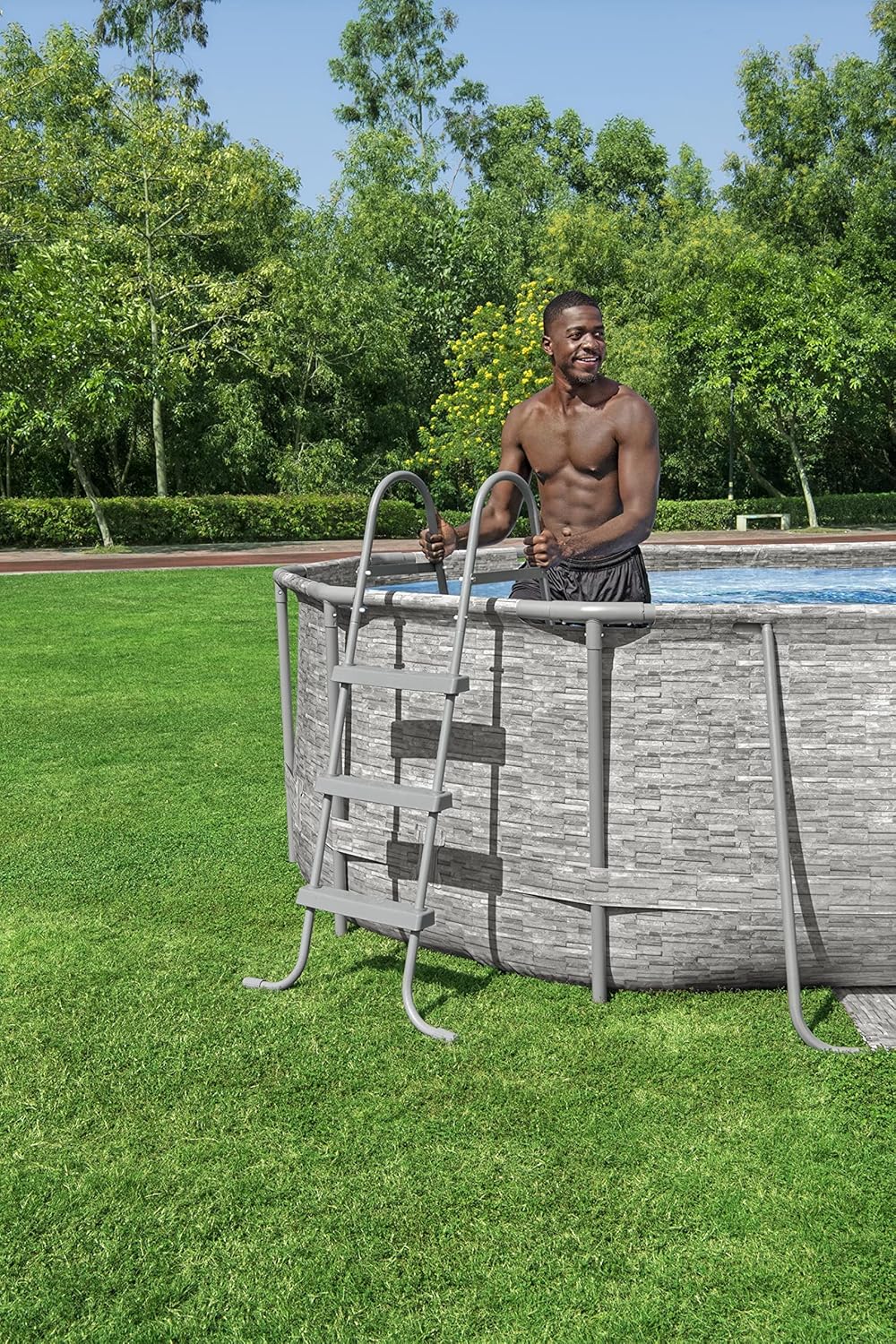 Bestway 56711E Power Steel 18' x 9' x 48 Outdoor Oval Frame Above Ground Swimming Pool Set with 1500 GPH Cartridge Filter Pump, Cover, & Ladder, Gray