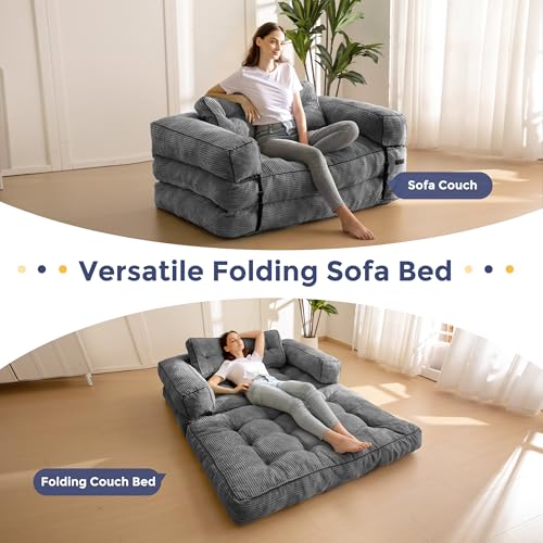 MAXYOYO Folding Sofa Bed, L-Shaped Convertible Sofa Bed with Armrest Foldable Sleeper Couch with Pillow