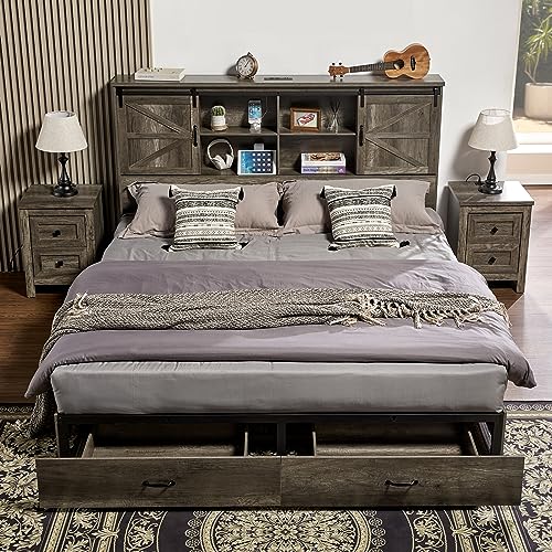 VanAcc Full Size Bed Frame, Wooden Platform Storage Bed with 51.2" Bookcase Headboard, 2 Drawers