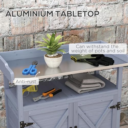 Outsunny Outdoor Wooden Potting Bench Table, Garden Workstation with Storage Cabinet, Aluminum Table Top, Rubber Wheels for Backyard, Patio, Balcony