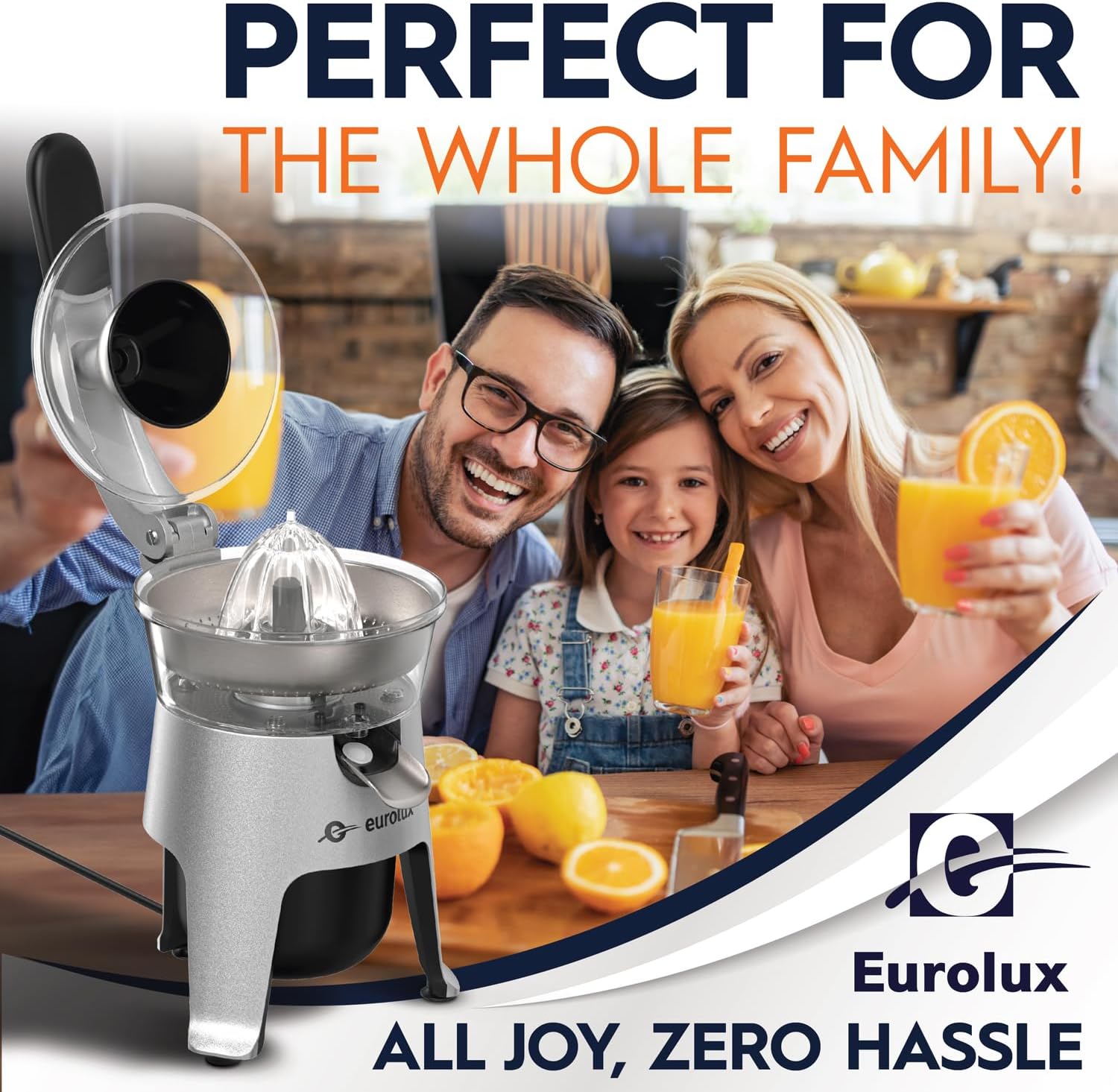 Eurolux Die Cast Stainless Steel Electric Citrus Juicer Squeezer, for Orange, Lemon, Grapefruit | 300 Watts of Power
