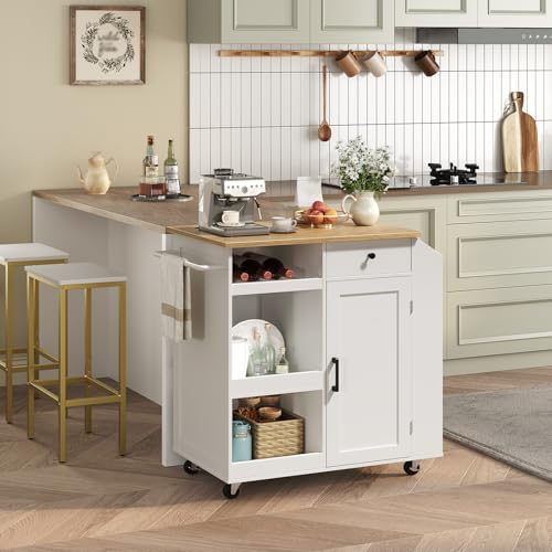 Kitchen Island with Power Outlet, Kitchen Storage Island with Drawer, Rolling Kitchen Cart on Wheels, Spice Rack, Towel Rack, Wine Rack