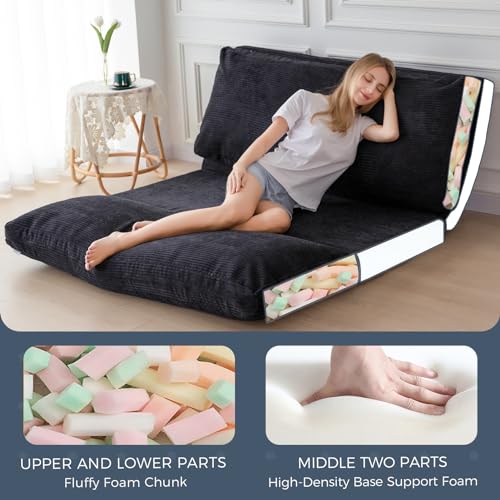 MAXYOYO Bean Bag Bed Folding Sofa Bed Floor Mattress for Adults, Extra Thick and Long Floor Sofa with Corded Washable Cover, Dark Grey, 30x95 Inch