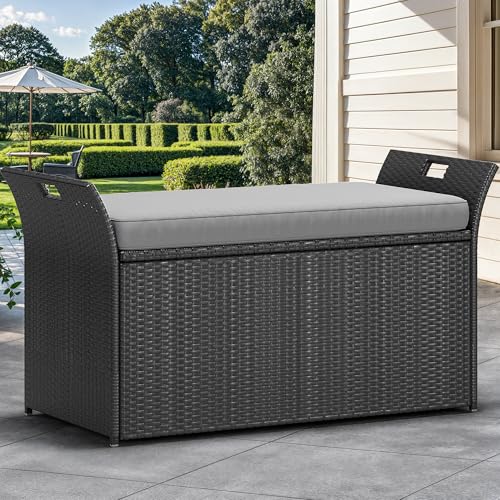 YITAHOME 90 Gallon Outdoor Wicker Storage Bench w/Cushion, Large PE Rattan Deck Storage Box w/Handles & Hydraulics for Patio Furniture, Cushions