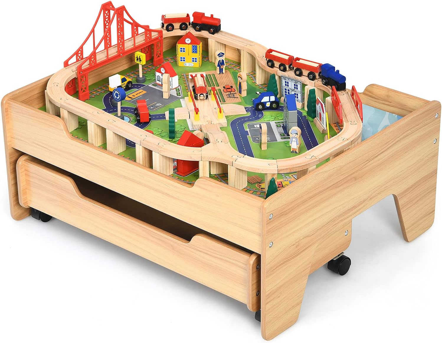 Costzon Train Table, Wood Kids Activity Table w/Storage Drawer, 100 Multicolor Pieces, Railway, City, Cars, Track, DIY Design