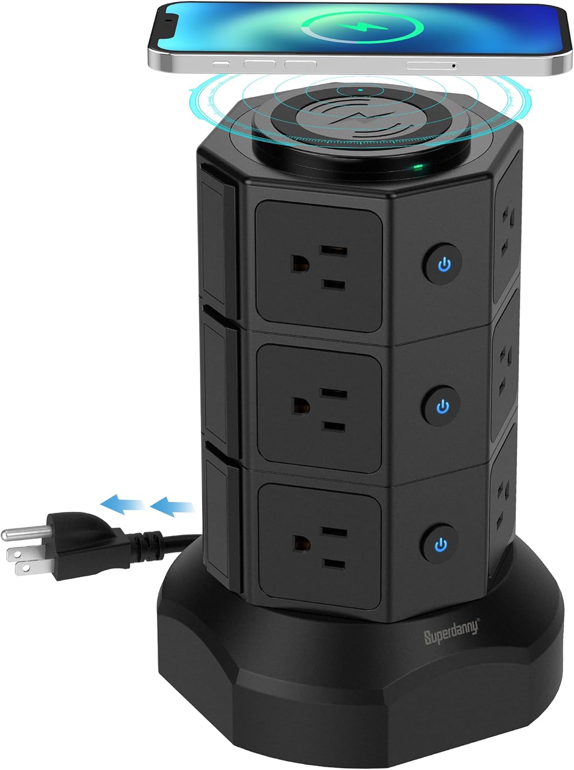 Power Strip Tower, SUPERDANNY Surge Protector Tower with 15W Magnetic Wireless Charger, 1050J, 13A Charging Station with 12 AC Outlets & 6 USB Ports