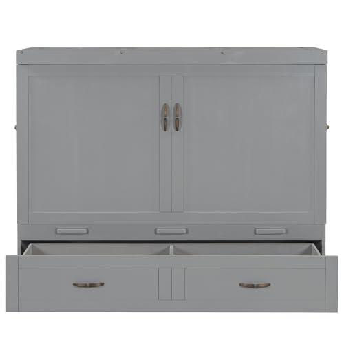 Harper & Bright Designs Full Size Murphy Bed Cabinet Wall Bed, Solid Pine Murphy Bed Chest with USB Ports