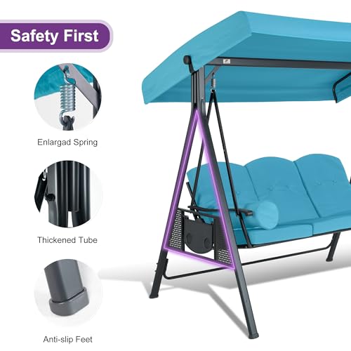 PURPLE LEAF Outdoor Patio Porch Swing with Adjustable PVC Canopy, 3-seat Swing Chair Bench with Side Cup Holder for Backyard Front Porch Lawn