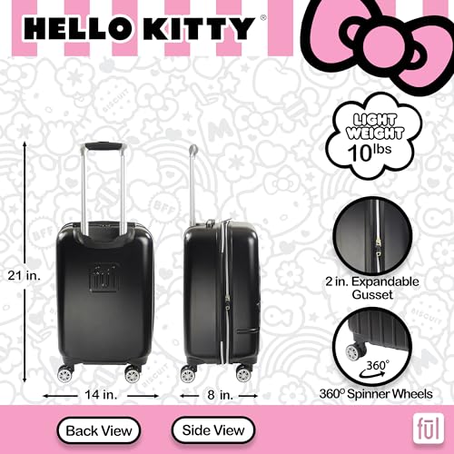 FUL Hello Kitty 21 Inch Carry On Luggage, Molded Hardshell Rolling Suitcase with Spinner Wheels, Black
