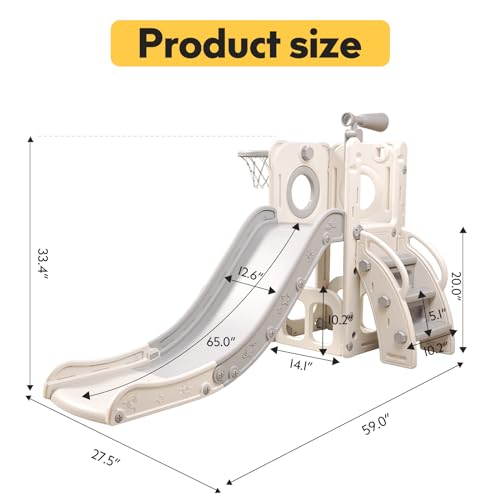 6 in 1 Toddler Playset with Slide, Kids Slide with Basketball Hoop, Ball, Ring Toss, Indoor Outdoor Toys (White Grey)