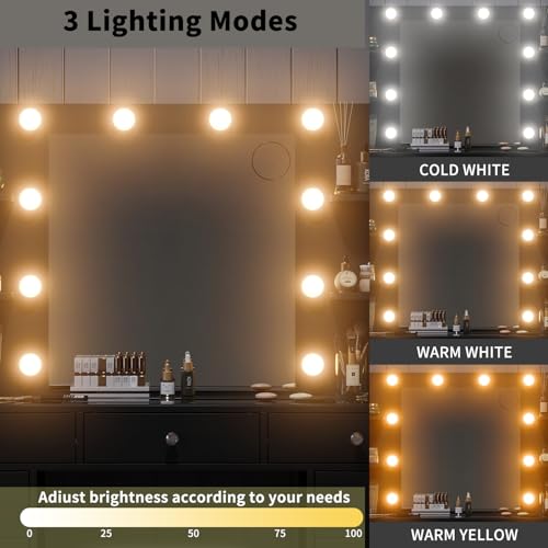 55" W Vanity Desk, Makeup Vanity with Charging Station, 15 Drawers with Lighted Mirror, 3 Lighting Modes, Brightness Adjustable, Glass Top