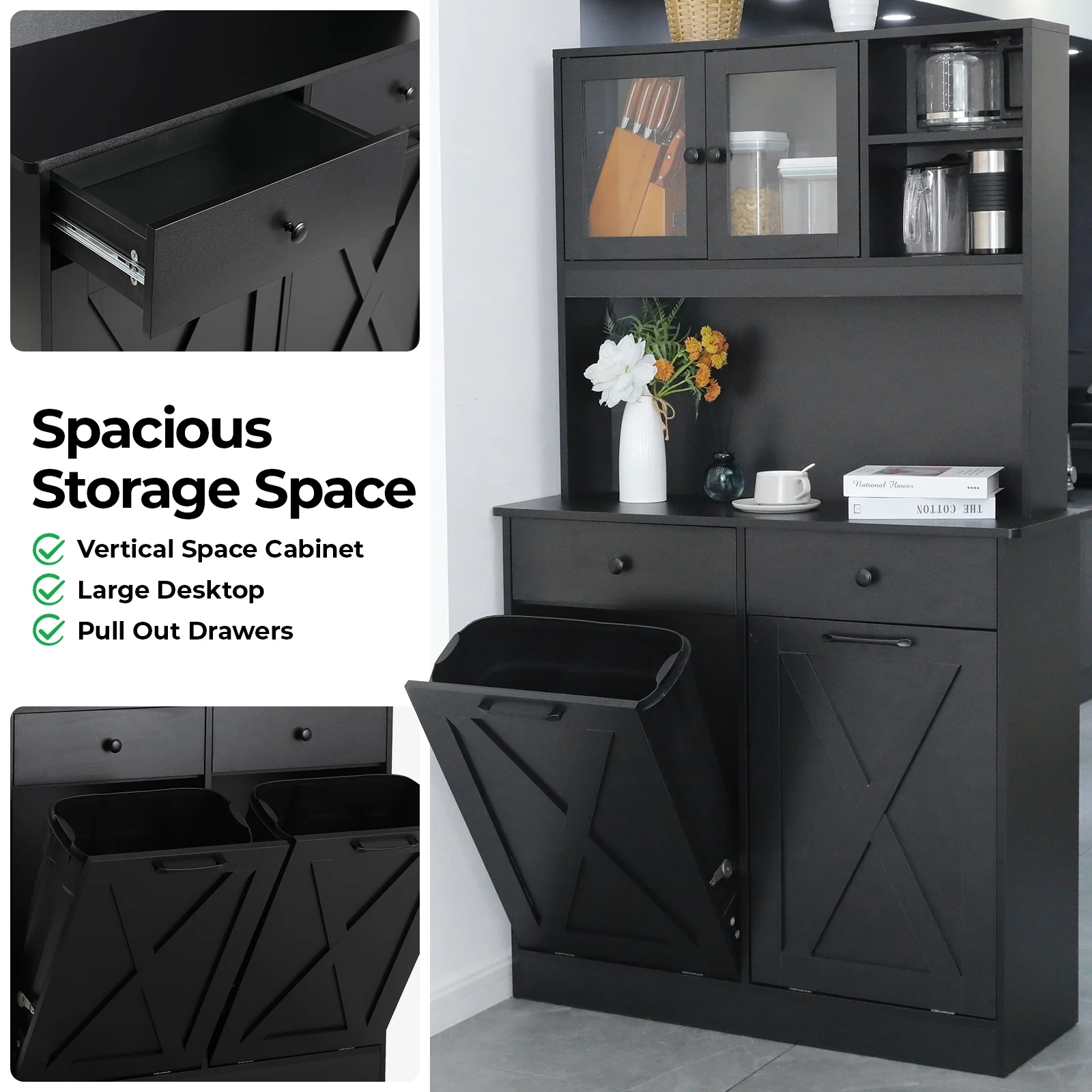 Arlopu Kitchen Pantry Storage Cabinet, Wooden Double Tilt Out Trash Cabinet Freestanding Garbage Bin Holder Recycling Cabinet with Drawers, Shelves