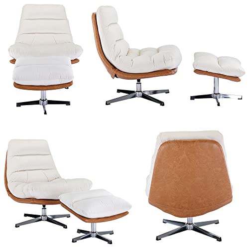 Modern Swivel Accent Chair with Ottoman Set, PU Leather Oversized Armless Reading Chair with Footrest