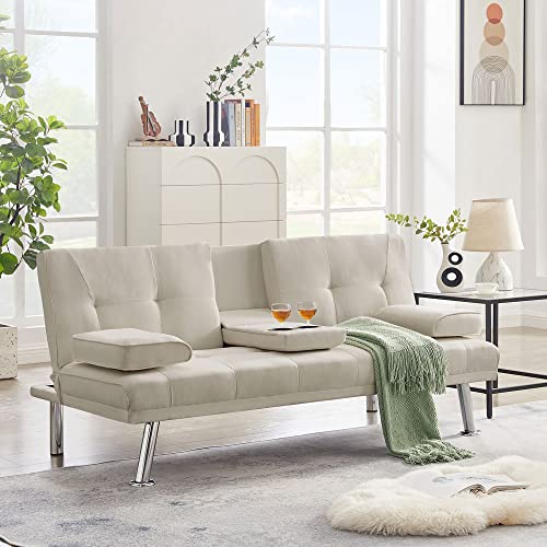 Convertible Folding Futon Sofa Bed,PU Leather Upholstered Modern Couch Loveseat Sleeper, Folding Daybed Guest Bed, Removable Armrests, 2 Cup Holders