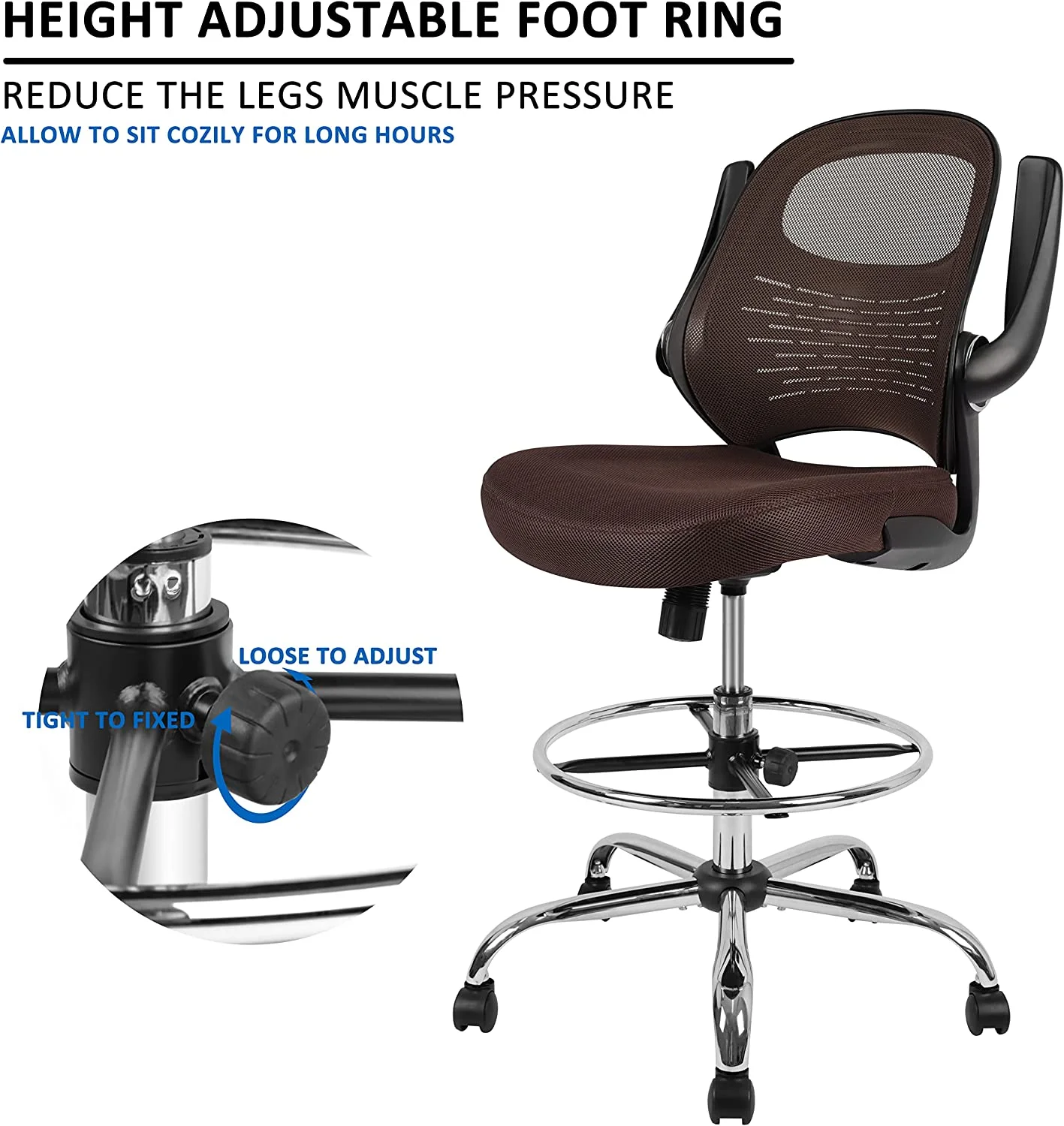 Drafting Chair, Tall Office Chair for Standing Desk, Brown Mesh Drafting Desk Chair with Flip-Up Arms, Adjustable Height and Foot Ring
