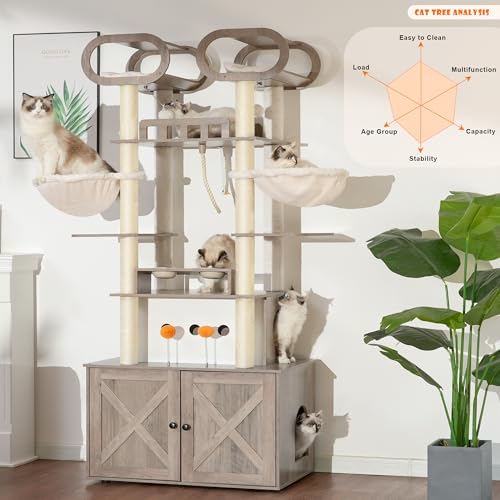 Heybly Cat Tree with Litter Box Enclosure, 76.8-inch Wooden mainecoons Cat Tower with Food Station,Extra Large Platforms