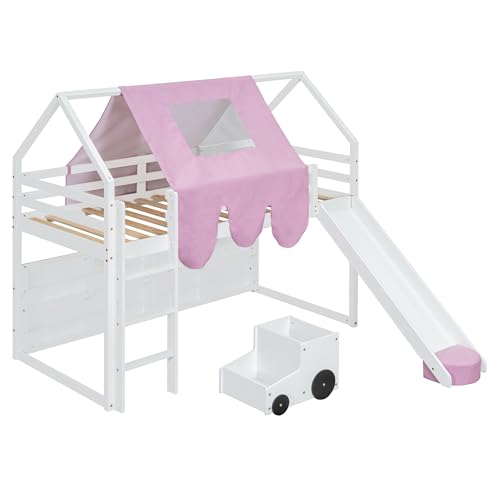Harper & Bright Designs Kids Twin Low Loft Bed with Slide and Storage Shelves, Wood Playhouse Loft Bed Frame with a Tent & Stairs