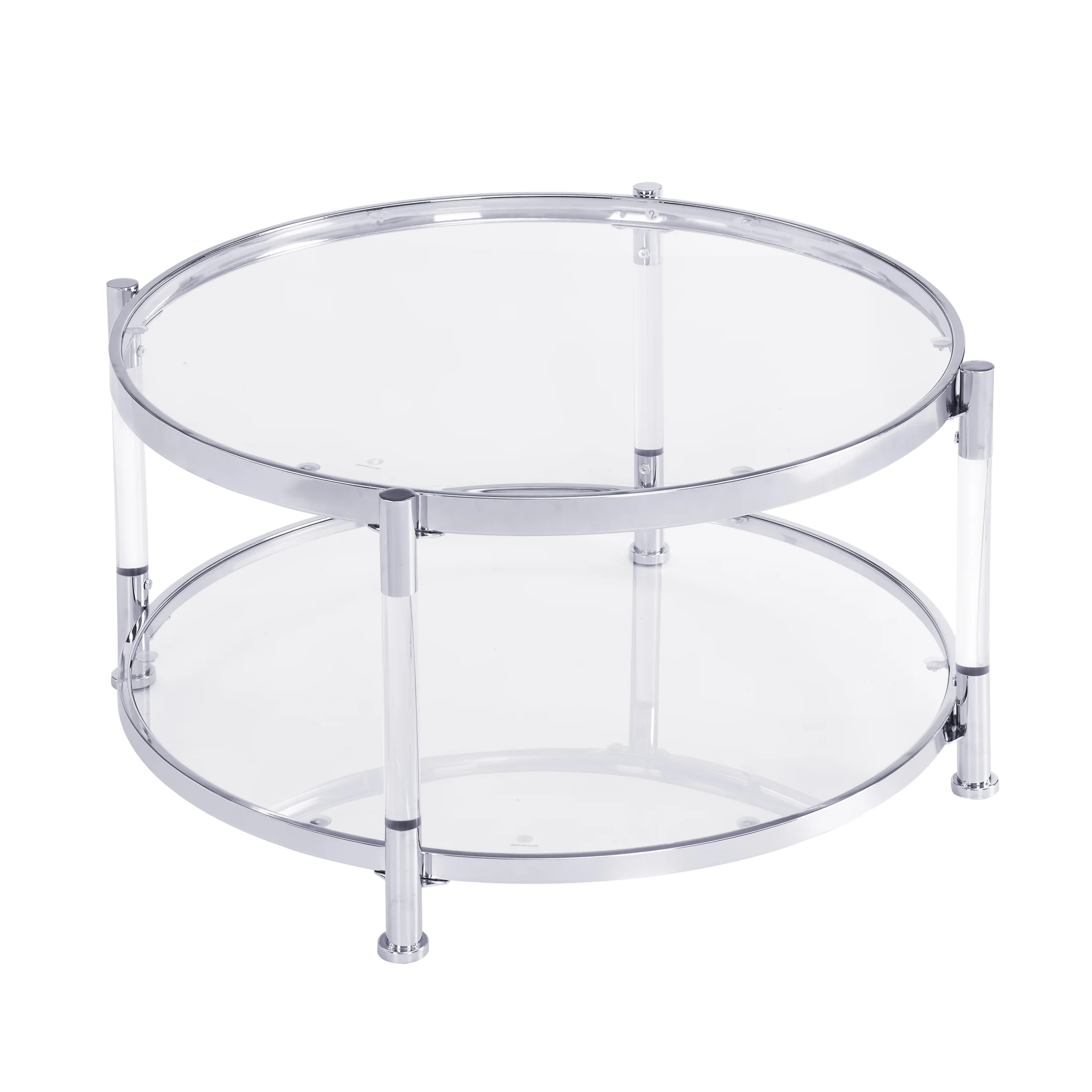 Contemporary Acrylic Coffee Table, 32.3'' Round Tempered Glass Coffee Table, Chrome/Silver Coffee Table for Living Room