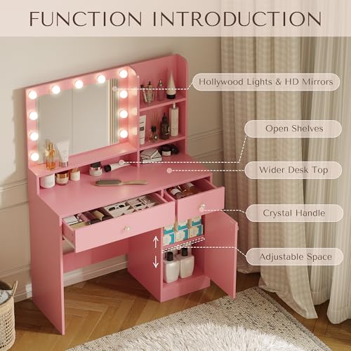 Vanity Desk with Mirror and Lights, Diamond Edition Vanity Desk, Makeup Vanity Table with 3 Drawers & 5 Open Shelves