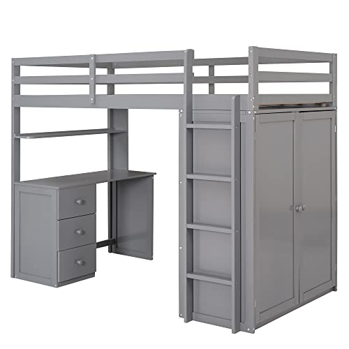 Harper & Bright Designs Full Loft Bed with Desk and Wardrobe,Solid Wood Loft Bed Frame Full with Storage Drawers for Kids Teens Adults