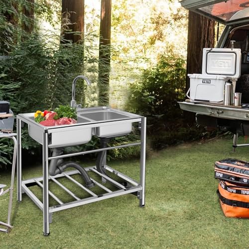 Outdoor Utility Sink Stainless Steel Double Bowl Free Standing Commercial Restaurant Kitchen Sink with Hot and Cold Faucet for Laundry,Garage