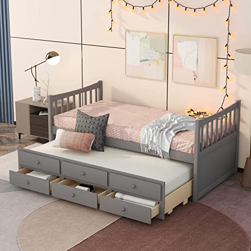 Full Size Storage Bed with Bookcase Headboard and Trundle, Wood Platform Bed Frame with Charging Station