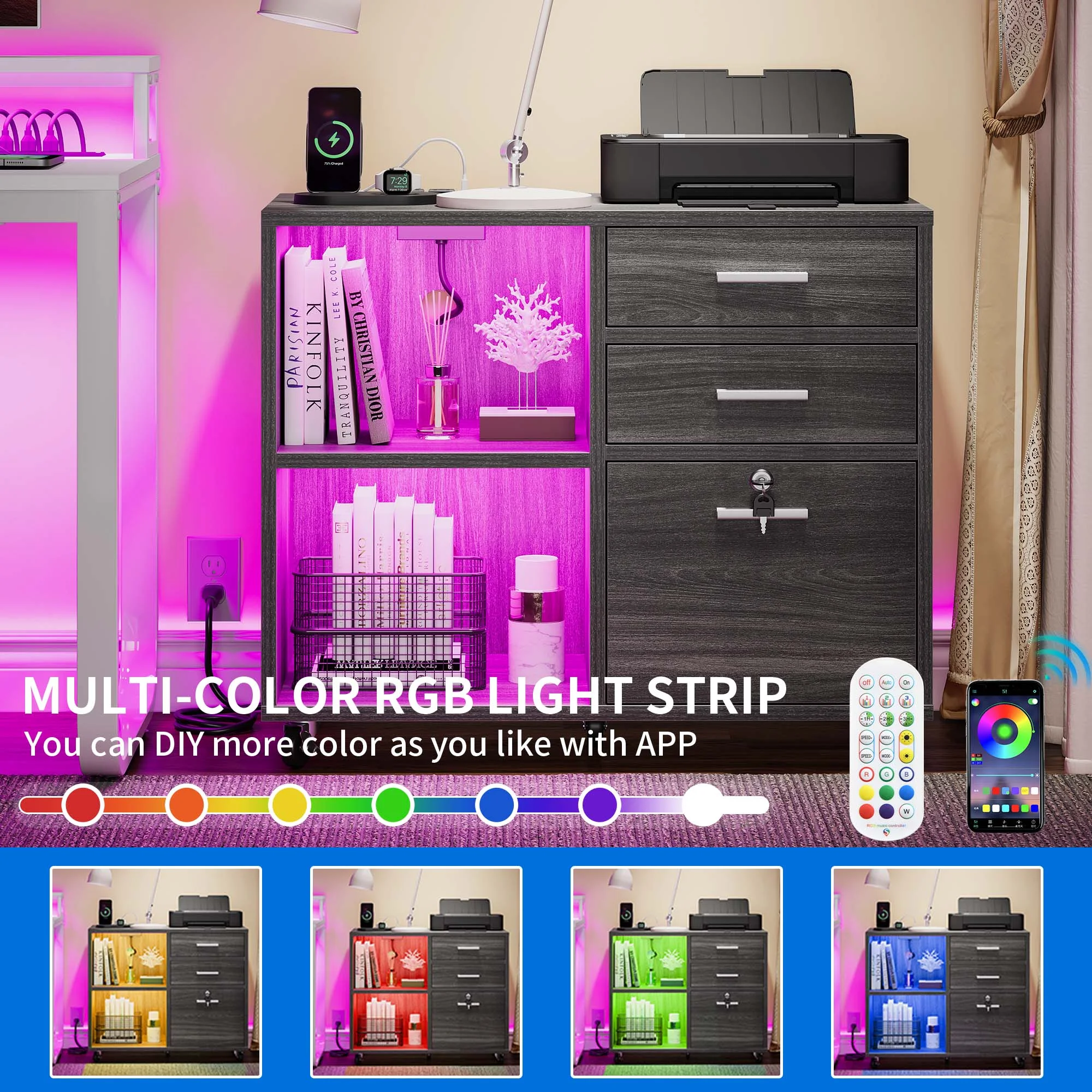 Dextrus 3 Drawer File Cabinet with Charging Station& Lock& LED Light, Mobile Lateral Filing Cabinet Rolling Printer Stand for Office,Black
