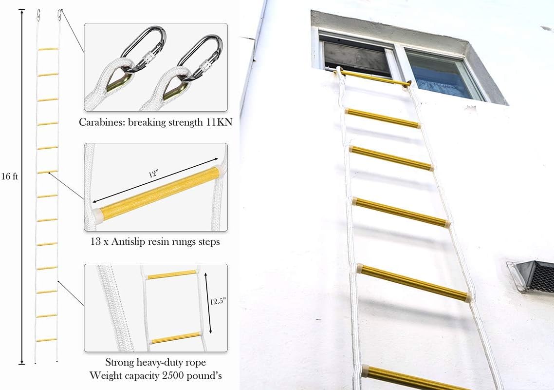 ISOP Fire Escape Ladder for Second Story Windows 13ft Weather Resistant Safety Rope Window Ladder Fire Escape 2 Story with Hooks (13ft with Hooks)