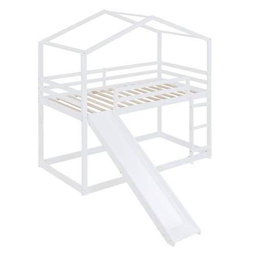 Kids Twin Over Twin Bunk Beds with Slide and Trundle, Solid Wood Bunk Bed Frame with Stairs and Storage