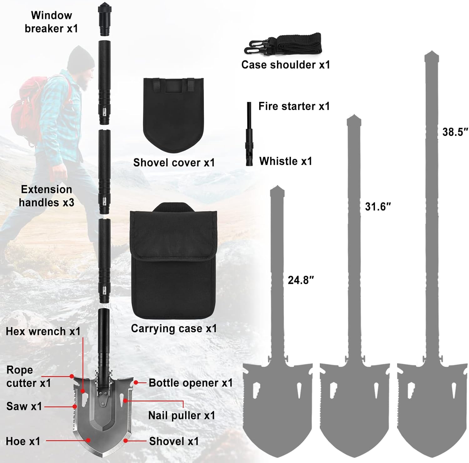 Survival Shovel Multitool, FLYEGO One-Key Lockable Quick Install Folding Military Camping Shovel with Carrying Case for Off-Roading, Camping