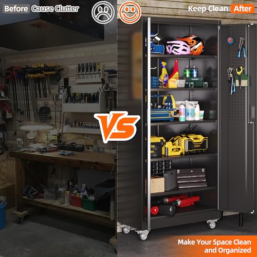 Aobabo 71" H×32" W×16" D Metal Storage Cabinet with Wheels, Garage Steel Storage Cabinet with 5 Adjustable Shelves and 4 Hooks for Home Office