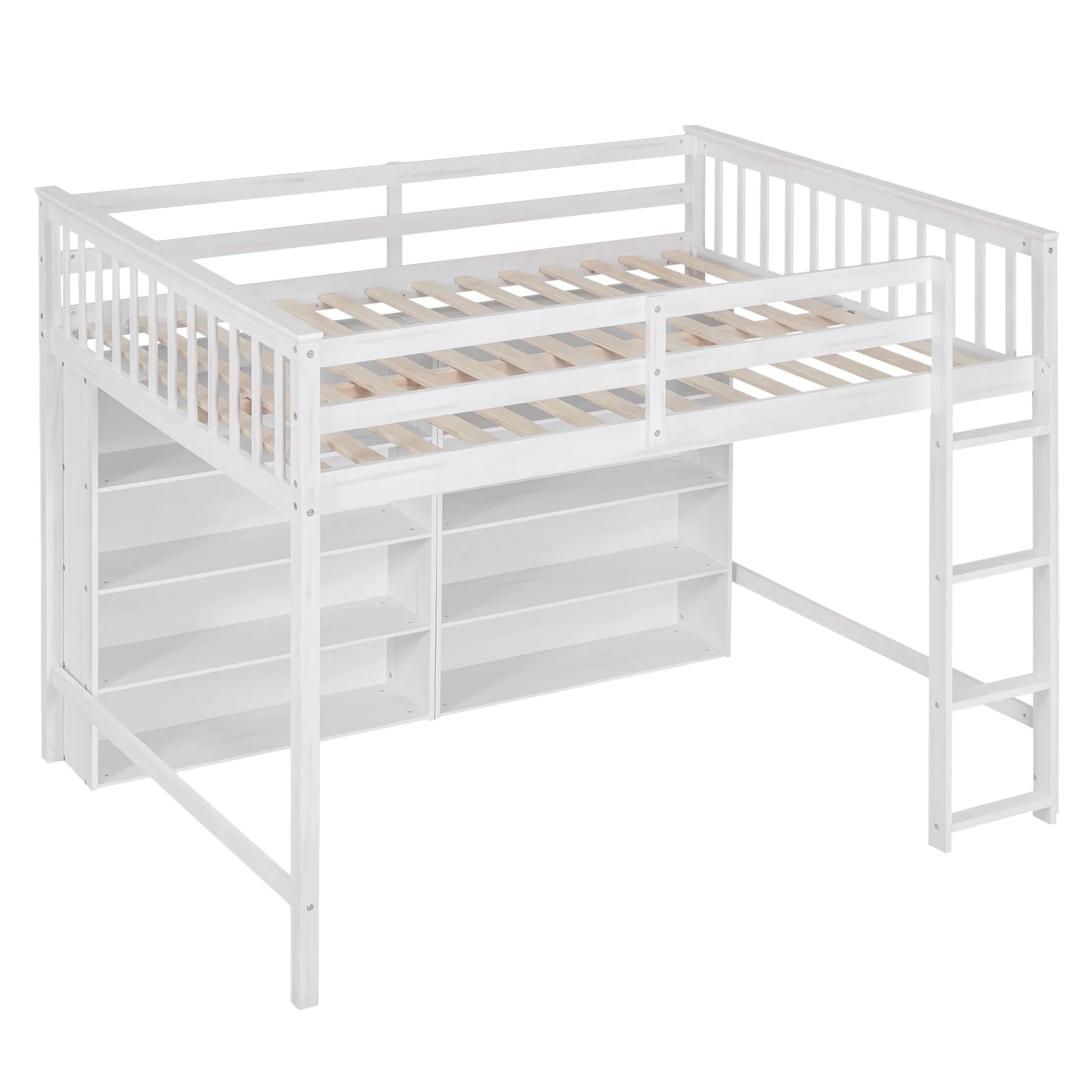 Churanty Wood Full Size Loft Bed with 8 Open Storage Shelves, Full Loft Bed Frame with Built-in Bookcase for Dorm Kids Teens, White